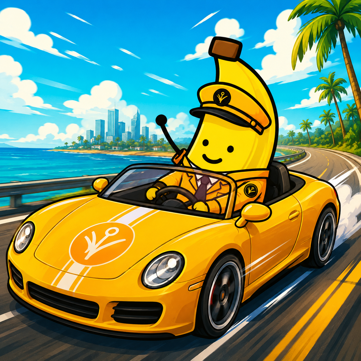 BananaCoin cruising in a sports car