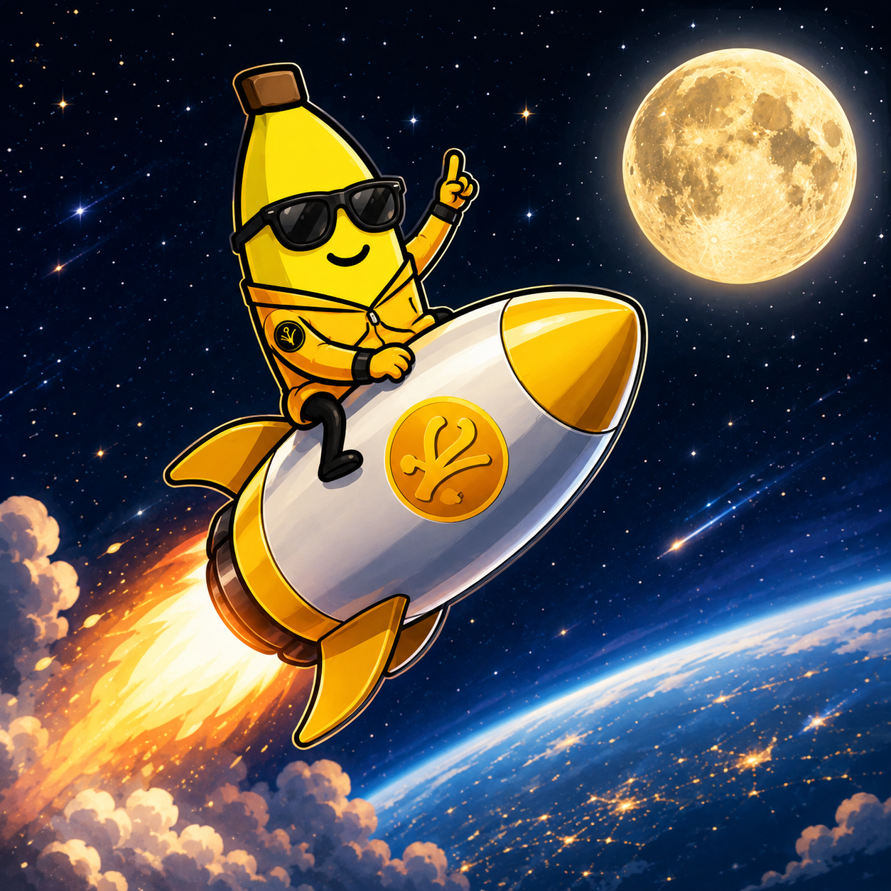 BananaCoin riding a rocket to the moon